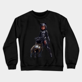 Black Pug Puppy in Gold Armor and Heroic African Princess Crewneck Sweatshirt